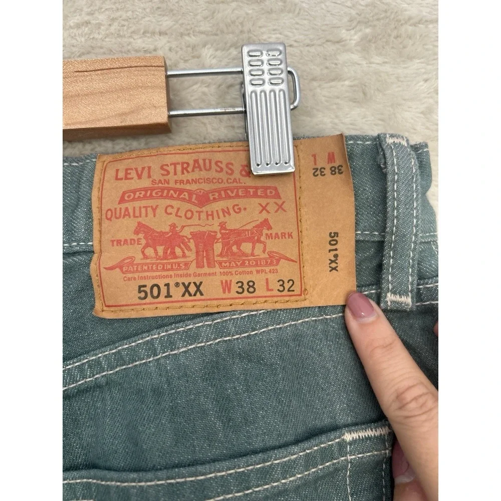 Levi's 501XX Sage Green Teal Denim Jeans Men's 38x32 Rare‎ Blank Red Tab